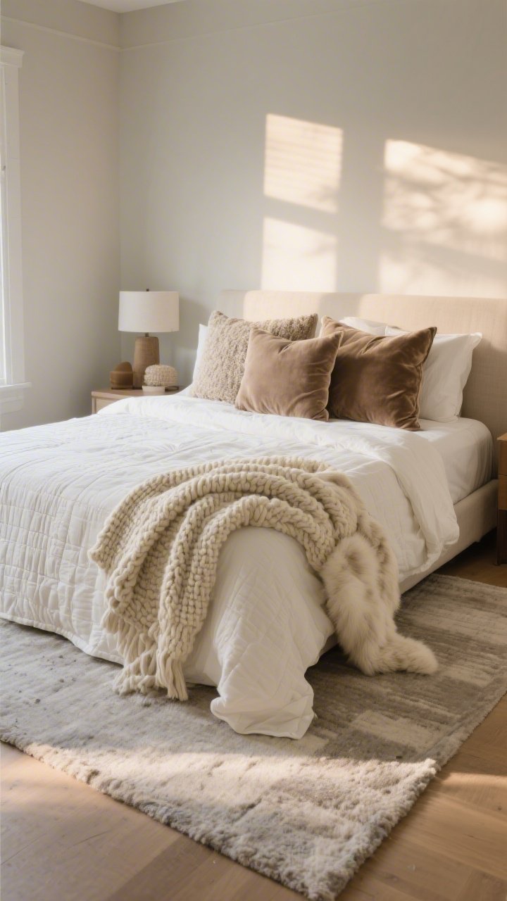 Wide shot: A cozy bedroom showcasing expertly layered textures—linen sheets in warm white, a light quilt, and a plush ivory duvet on a queen bed; a chunky knit throw in cream draped at the foot, with a faux fur throw folded over it; mix of velvet, bouclé, and linen pillows in a cohesive taupe and mushroom palette; a low-pile rug in soft greige layered over carpet to define the bed area; warm afternoon natural light, no people, photorealistic.