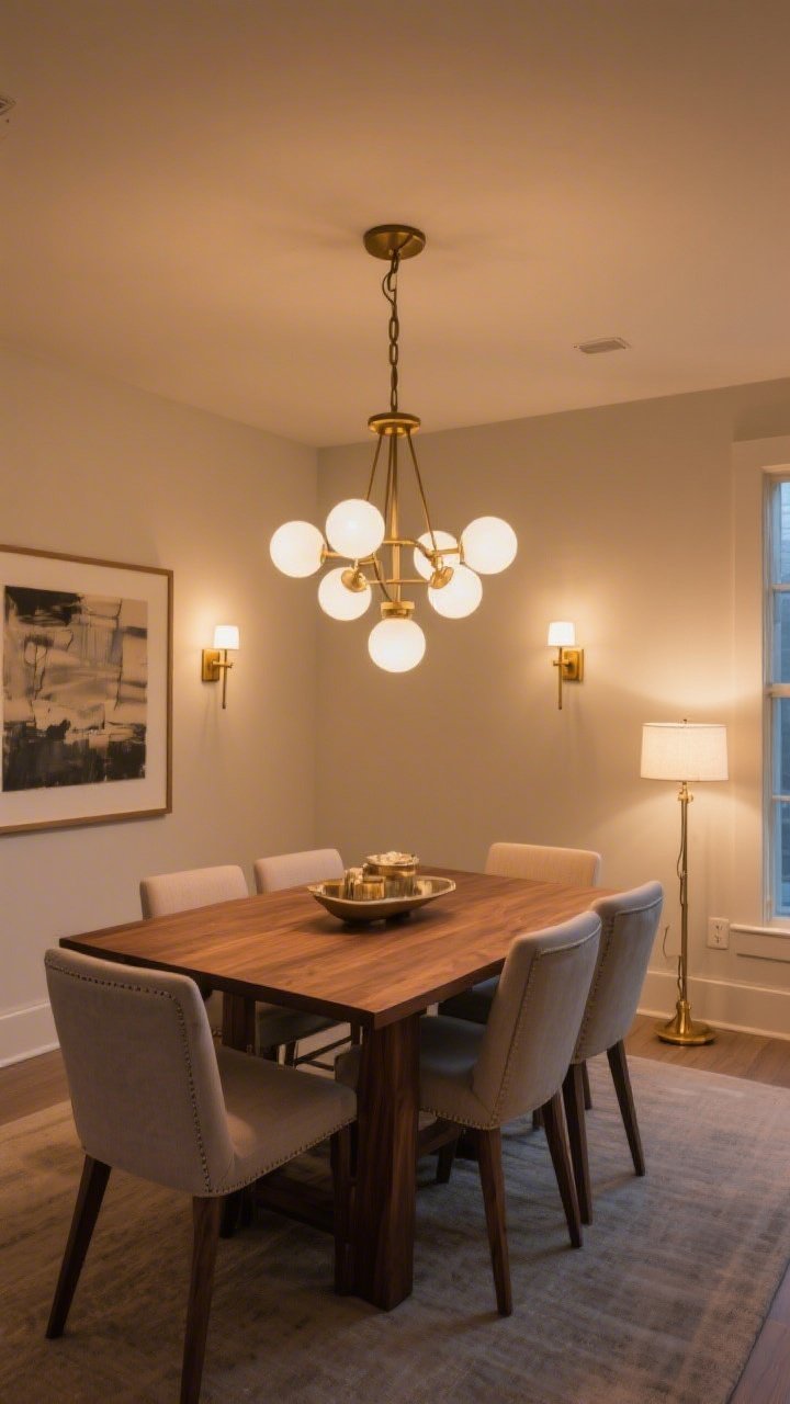 Wide shot: A designer dining room centered on upgraded lighting—a right-sized 24-inch matte brass chandelier with frosted globes hanging 32 inches above a walnut dining table, set in a 12' x 12' room. Warm, dimmable 2700K light creates a cozy glow. Add layered lighting: a pair of plug-in brass sconces flanking a large artwork on one wall and a slim dimmable brass floor lamp in the corner. Straight-on view that emphasizes correct scale, with soft evening ambiance and no people.