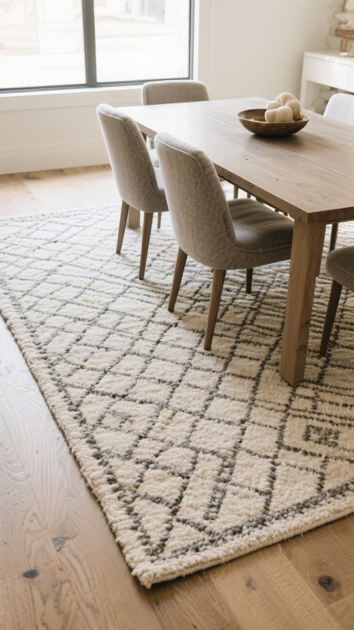 Wide shot: A dining space where a flatweave wool rug in a medium-scale geometric pattern frames the scene, extending 24 inches beyond the table on all sides so chairs remain on the rug when pulled out. Include a thin felt rug pad edge just visible where a chair glides back smoothly. Materials read as durable and spill-friendly; avoid shag. Overhead perspective slightly elevated to show rug size, pattern, and clearance around the table and chairs, with bright natural light.
