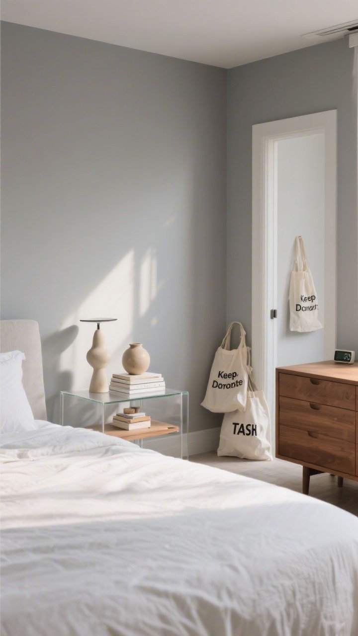 Wide shot: A freshly edited bedroom with clear nightstand, dresser, and desk surfaces, each styled with only 3–5 intentional items; a favorite sculptural lamp now showcased on the nightstand beside a small stack of books and a single ceramic vase; three labeled bags (Keep, Donate, Trash) tucked near the doorway as a subtle hint of the lightning edit; neutral palette with soft gray walls, white bedding, natural wood tones; warm morning light, clean lines, no clutter piles, timer on the desk subtly visible.