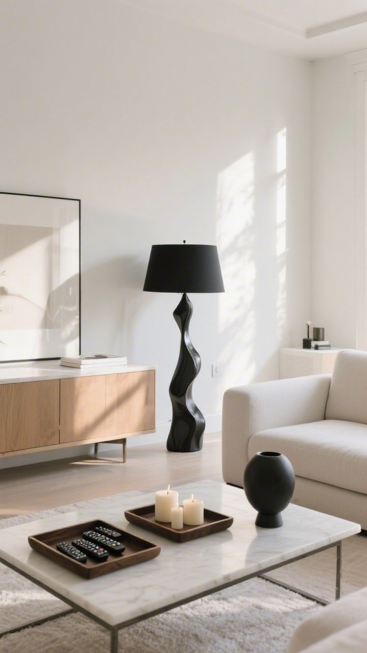 Wide shot: A freshly edited living room with clear surfaces, a single bold statement piece—a sculptural black table lamp on a sideboard—taking center stage; trays corral remotes and candles on the coffee table; zones each feature only one standout item; minimal clutter, intentional styling, afternoon natural light, straight-on composition.