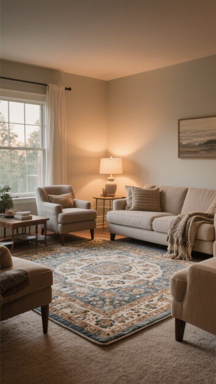 Wide shot: A living room anchored by a large 8x10 washable vintage-pattern rug layered over neutral wall-to-wall carpet; front legs of a sofa and armchairs resting on the rug; a low-profile rug pad edge barely visible; warm, cozy mood with textured throws and soft evening lamplight.