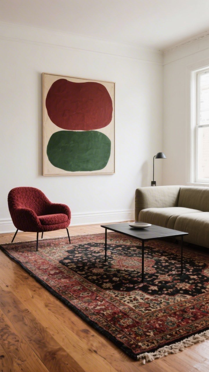 Wide shot: A living room built around a single hero piece—a large vintage Persian rug in deep oxblood, forest green, and charcoal, spread across warm oak floors. Surrounding decor is deliberately minimal: a sculptural boucle accent chair, a simple greige linen sofa, and a slim black metal coffee table. Oversized abstract art in complementary tones hangs above, but secondary; the rug drives the palette. Clean lines, negative space around accessories, and muted walls in warm white. Natural daylight from a side window, no people, photorealistic, straight-on perspective to emphasize intentionality and the hero-centered palette of 2–3 colors.
