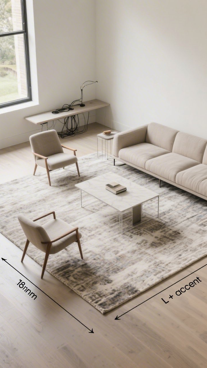 Wide shot: A living room demonstrating correct scale and layout. A large area rug accommodates the front legs of a sofa and accent chair, with 18 inches between the sofa and a rectangular coffee table, and a clear 36-inch walkway. The sofa floats off the wall with a slim console table behind managing cords. Seating forms an “L + accent” setup: one long sofa, one open-legged accent chair, and a slim side table. Proportions feel balanced, and pieces are scaled to the room. Natural daylight, slight corner angle, photorealistic.