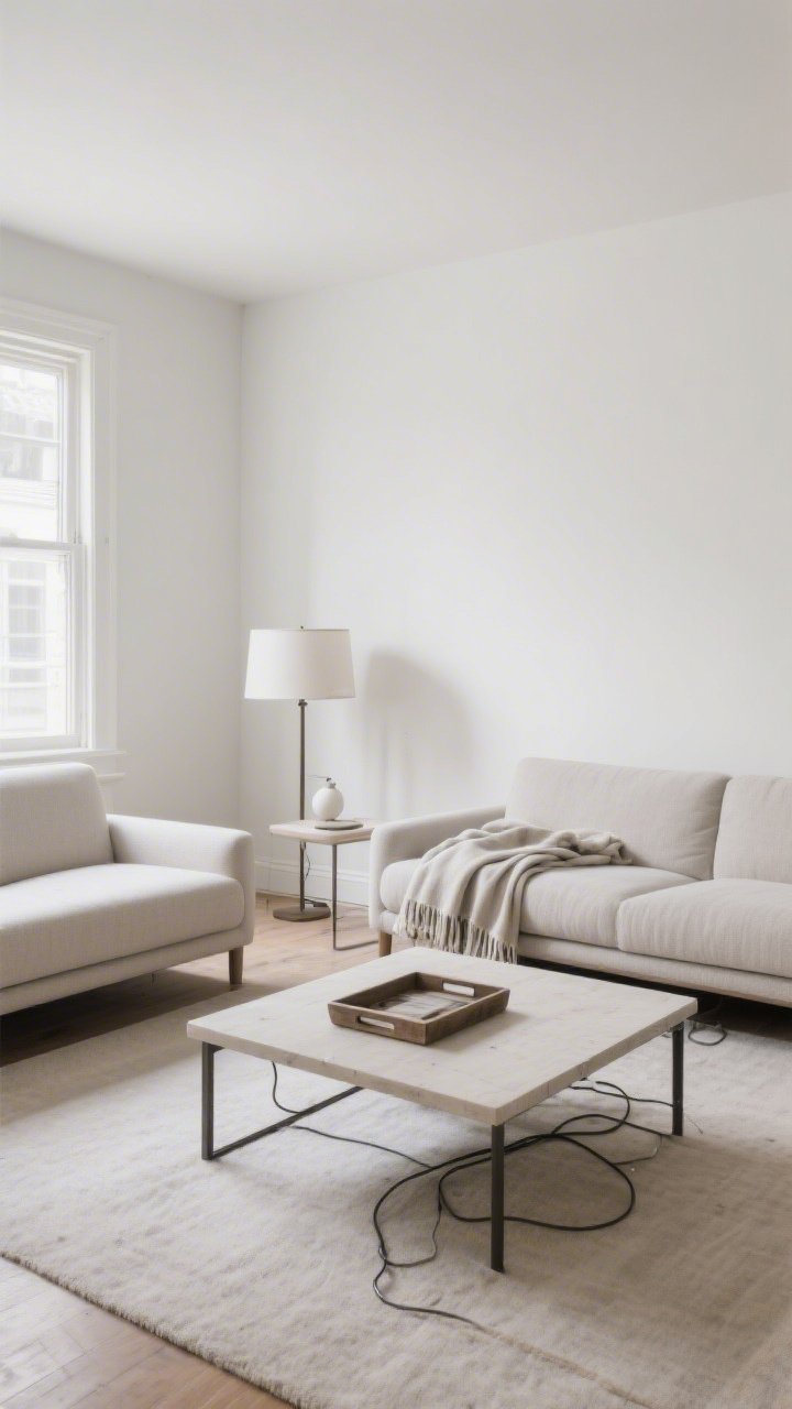 Wide shot: A living room in “ruthless reset” mode—clear, decluttered surfaces, folded throws, hidden cords, bare walls, and furniture pulled off the walls to form a cozy conversation area around a low coffee table; neutral palette with natural light, showing borrowed lamps and a tray repurposed from another room, minimal visual noise, crisp and airy mood.