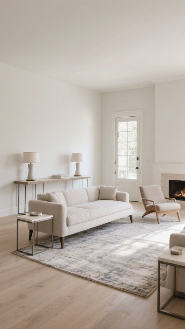 Wide shot: A living room layout reset showing a sofa floated off the wall with a slim console table behind it holding two matching lamps, an anchored area rug with the front legs of seating on it, a clear sight line from the doorway, and a lounge chair subtly angled toward a fireplace and nearby window; light, airy palette with balanced, light-touch symmetry using matching side tables; natural daylight, photorealistic, straight-on view.