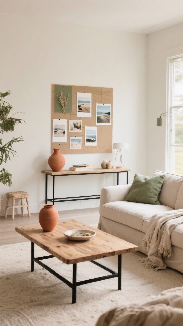 Wide shot: A living room planned around a “cozy organic” mood board, featuring an airy coastal-meets-organic palette of warm neutrals with sage and soft sand accents, natural wood coffee table, linen sofa, black metal accents, and a small grid of printed mood board images taped above a console; include 2–3 main colors (warm white, oat, sage) plus a muted terracotta accent vase; soft morning light, clean composition, straight-on view to emphasize the committed palette and cohesive materials.