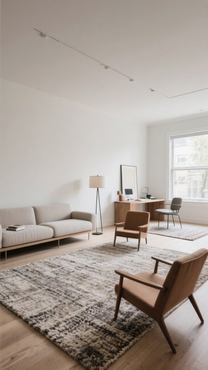 Wide shot: A living room reworked for better traffic flow—sofa floated off the wall facing a low media console, two smaller chairs angled to balance the large sofa; a textured area rug anchors the seating with front legs of furniture on it; defined zones: a reading corner with a floor lamp and a small rug, a workspace by the window; clear sightlines, natural daylight, straight-on perspective.