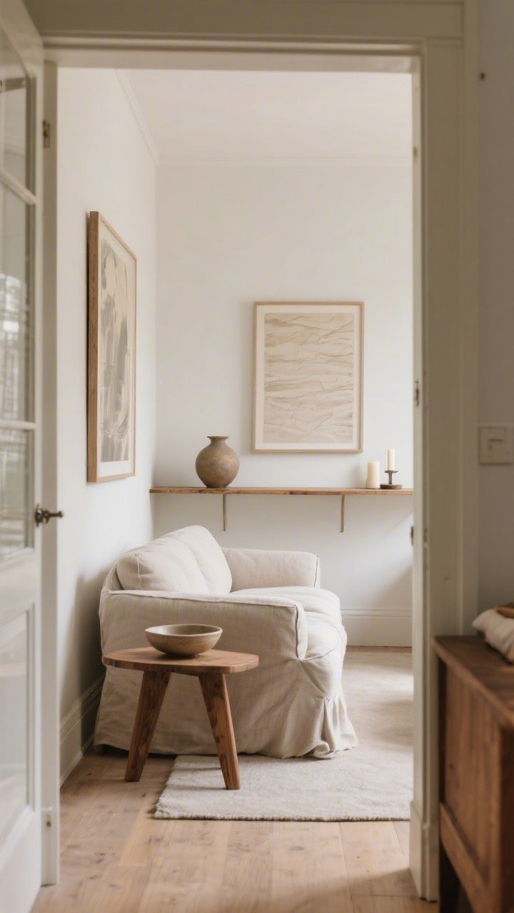 Wide shot: A living room seen from a doorway after “shopping the house”—a neutral linen sofa now paired with a wooden side table originally from the bedroom, larger hallway art scaled above the sofa, and a re-homed ceramic bowl, vase, and candle on a restyled shelf. Two accessories removed from each surface give airy negative space. Soft daylight, neutral walls, warm wood tones, linen and matte ceramic textures, no people.