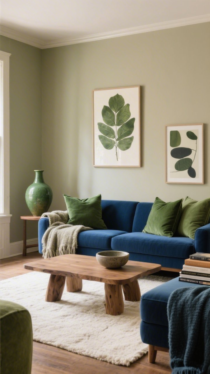 Wide shot: A living room showcasing a cohesive color story built around an earthy green hero hue, with warm greige walls and inky blue accents. Elements repeat the palette three times: sage green pillows, an earthy green ceramic vase, and a leafy art print; warm greige on the walls, a wool throw, and a stoneware bowl; inky blue in a mid-tone throw, a book spine stack, and a framed abstract. The bold inky blue sofa is balanced by soft neutral walls, while a natural wood coffee table and cream rug ground the scene. Soft afternoon natural light, straight-on view, photorealistic.