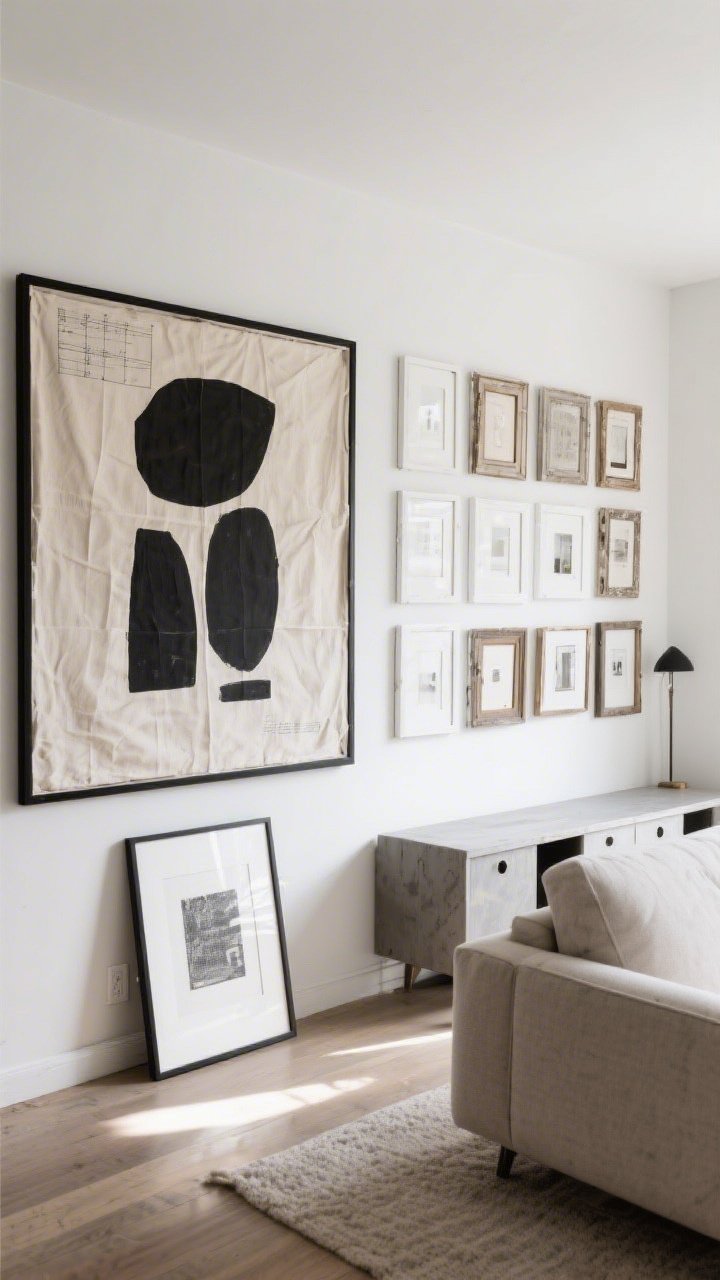 Wide shot: A living room wall anchored by oversized art—an engineer print of abstract black shapes in a thin black frame, a large canvas drop cloth painted with creamy textured strokes, and a cohesive gallery wall of thrifted frames spray-painted matte white; one large piece leaning on a console to avoid holes; natural daylight, straight-on view.