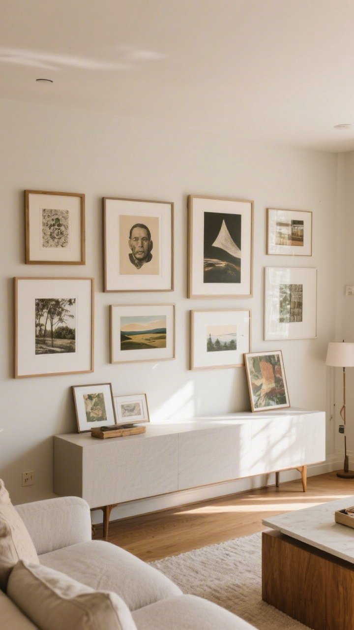 Wide shot: A living room wall with a curated gallery—1–2 larger anchor pieces and smaller supporting frames, varied formats and mediums including printable art and a thrifted landscape; oversized mats elevating inexpensive prints; a console beneath with leaning art for a casual designer feel, warm natural light.