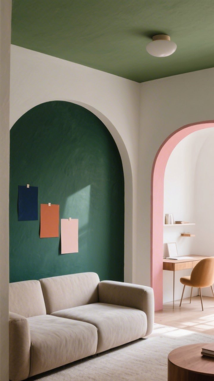 Wide shot: A living room with a single dramatic accent wall painted deep olive behind a low-profile sofa, the adjacent walls in warm white; soft afternoon light shows painted swatches taped on the wall in navy, terracotta, dusty rose, and beige; the ceiling is painted the same olive as the wall for cocoon vibes; a simple painted arch in dusty rose frames a small desk zone on the same wall; no people, photorealistic, natural light with gentle shadows.