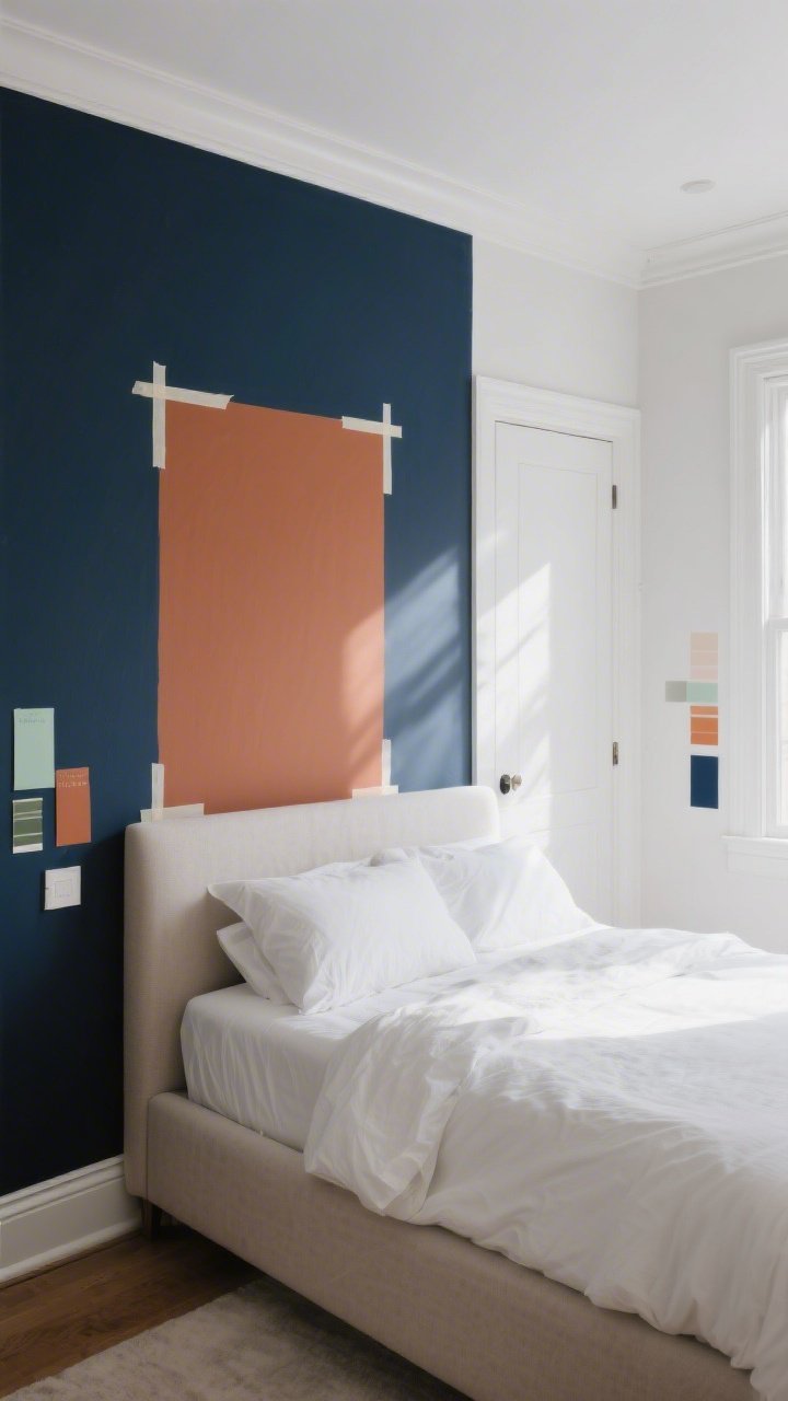 Wide shot: A modern bedroom with a single deep moody navy feature wall behind the bed, the remaining walls in soft white; a painted rectangle “headboard” color-blocked in earthy terracotta centered behind a low-profile upholstered bed with white bedding; crisp white painted trim and doors contrasting against the navy; painter’s tape and small paint swatches in soft sage, terracotta, and navy visible on a nearby wall; soft natural morning light casting gentle shadows, semi-gloss pop on door trim, overall calm and curated mood.