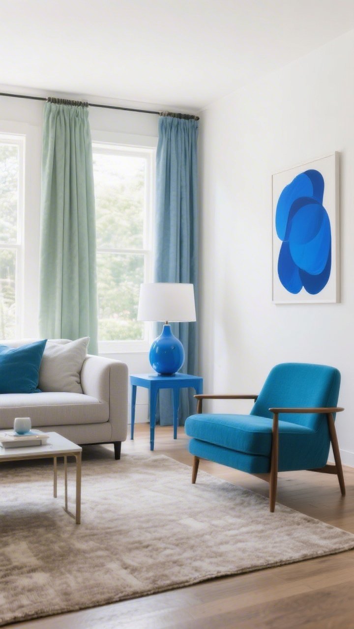 Wide shot: A modern living room showcasing a curated 3-color palette—base walls in warm white, a greige sofa, soft taupe area rug; secondary accents in sage and dusty blue through curtains and an accent chair; pop color repeated three times in cobalt (a painted budget side table, a cobalt lamp, and a cobalt abstract art print). Natural daylight, straight-on perspective, clean lines, intentional repetition of the pop color, no people, photorealistic.