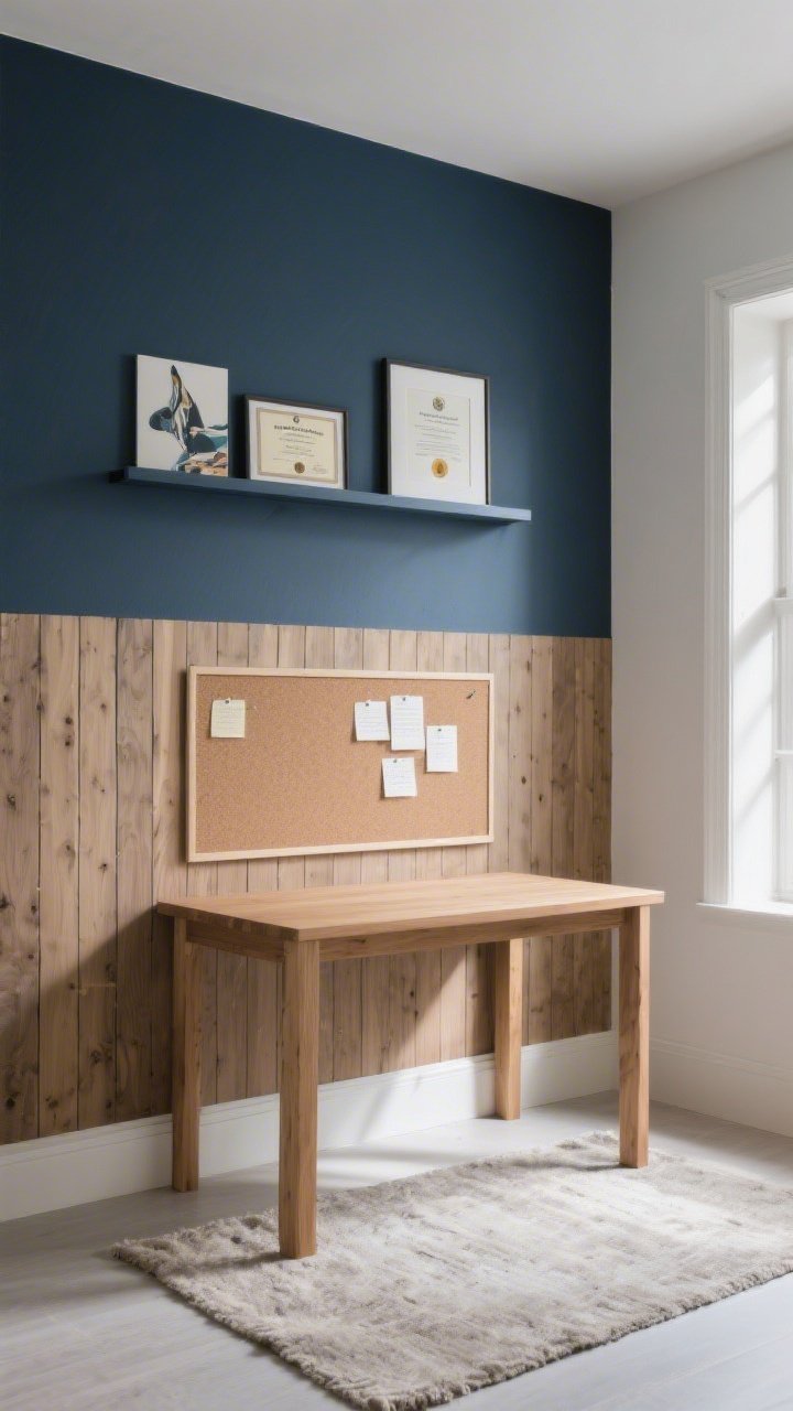 Wide shot: A modern study with a defined focal wall behind the desk, painted moody slate blue with a slim picture ledge displaying rotated art and a diploma; the wall features peel-and-stick wood slats on the lower half transitioning to smooth paint above, with a large cork pinboard section for notes. A simple natural wood desk sits centered against the wall, neutral rug on the floor, soft diffused daylight from the side creates gentle shadows. No people, photorealistic, corner angle to emphasize the anchored zone and boundary.