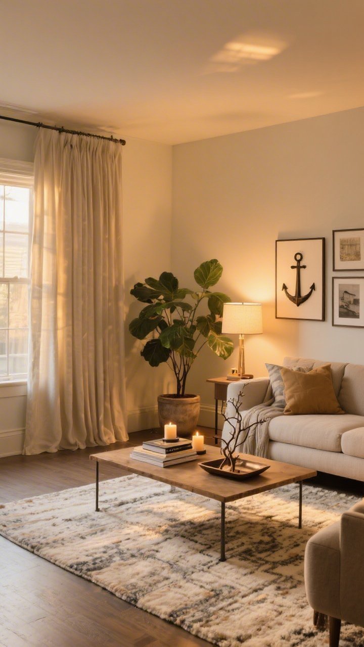 Wide shot: A one-day makeover reveal—decluttered room with a defined conversation zone, largest rug rolled out (slightly angled), high-and-wide steamed curtains, extra lamp added with warm dimmable bulb, coffee table styled with books, a tray, and branches, a mini gallery (one large anchor + 2–3 pieces), one big plant in an upgraded pot, cohesive color palette accessories, and a lit candle finishing the scene; golden-hour light for a polished, photorealistic look.