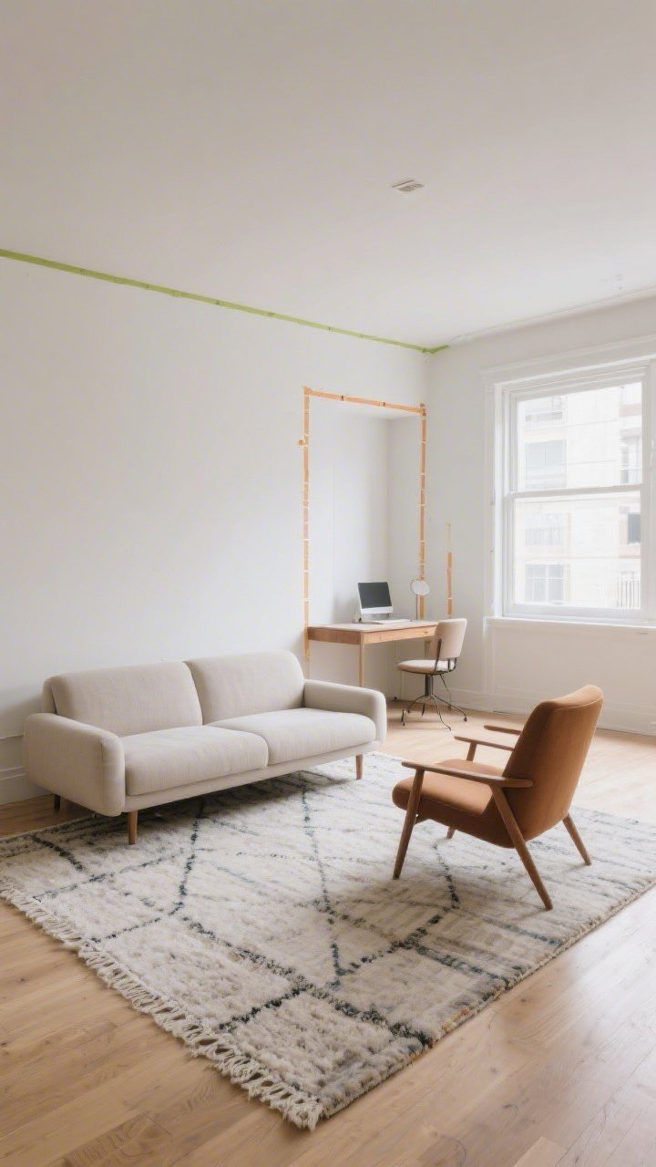 Wide shot: A reimagined living room layout with the sofa floated off the wall and anchored on a generously sized area rug with the front legs of seating on it; an accent chair angled toward the sofa to create a conversation zone; a small desk placed facing a window in a separate work zone; painter’s tape outlines faintly visible where furniture was tested; balanced daylight, airy and open, with purposeful traffic flow.
