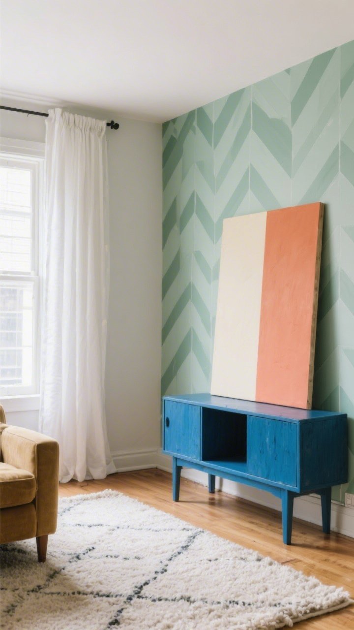 Wide shot: A renter-friendly living room with a single peel-and-stick wallpaper accent wall in a muted sage green geometric pattern, a thrifted console painted in a bold cobalt blue, a large DIY color-block canvas (cream and terracotta) leaning on the wall, long white drapes hung high near the ceiling to visually lift the space, and a light-colored wool rug brightening the floor; soft daylight, straight-on view, no people.