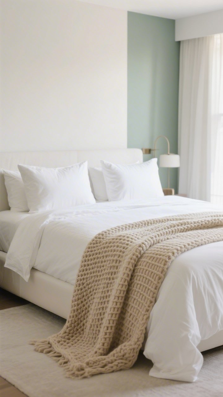 Wide shot: A serene bedroom styled like a boutique hotel—crisp white sheets and duvet as the base, two Euro pillows in white propped behind standard pillows, a textured waffle-knit throw in warm sand draped at the foot, and a cohesive color story of white, sand, and muted sage; gentle morning light, straight-on composition.