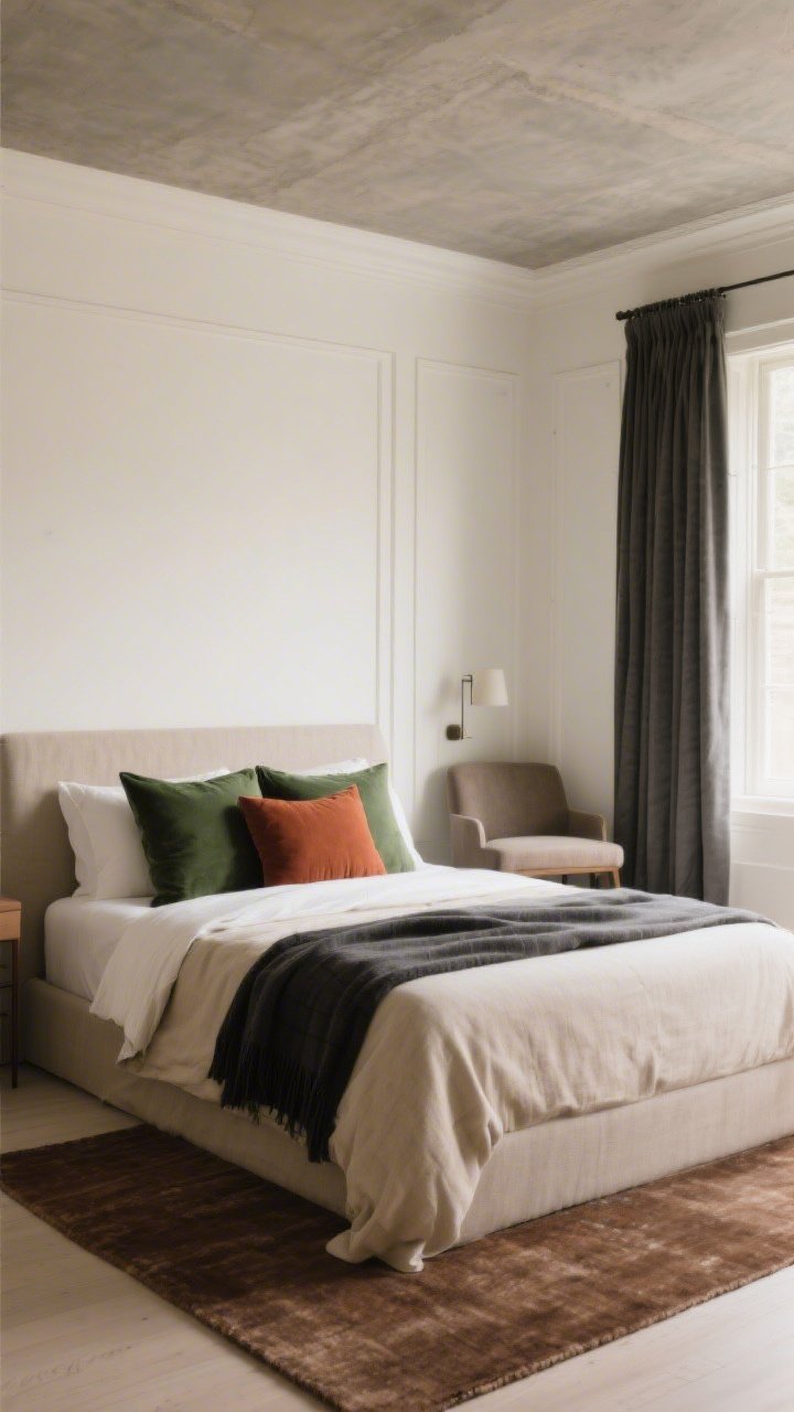 Wide shot: A serene “quiet luxe” palette bedroom—walls in warm white greige (base 60%), slate-toned curtains and a cocoa area rug (secondary 30%), with accents (10%) in emerald and rust via pillows and a small side chair. Tone-on-tone trim matches the wall for a cocoon effect, and the ceiling is painted a muted stone for subtle drama. Bed in oat linen, charcoal throw folded at the foot. Soft, even daylight; clean styling, no clutter. Straight-on symmetry to convey calm, designer feel.