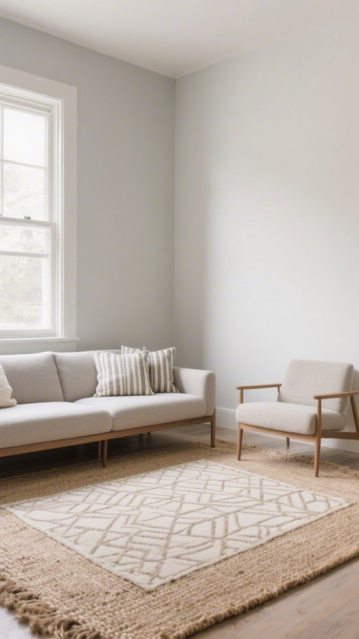 Wide shot: A small living room anchored by a large, light-toned natural fiber jute rug extending under the front legs of a slim sofa and petite armchairs; subtle airy geometric pattern layered as a smaller rug on top; mid-to-light color palette with soft gray and warm white walls; soft natural daylight bouncing around; include subtle stripe throw pillow echoes; corner angle showing how the oversized rug visually unifies and expands the space.