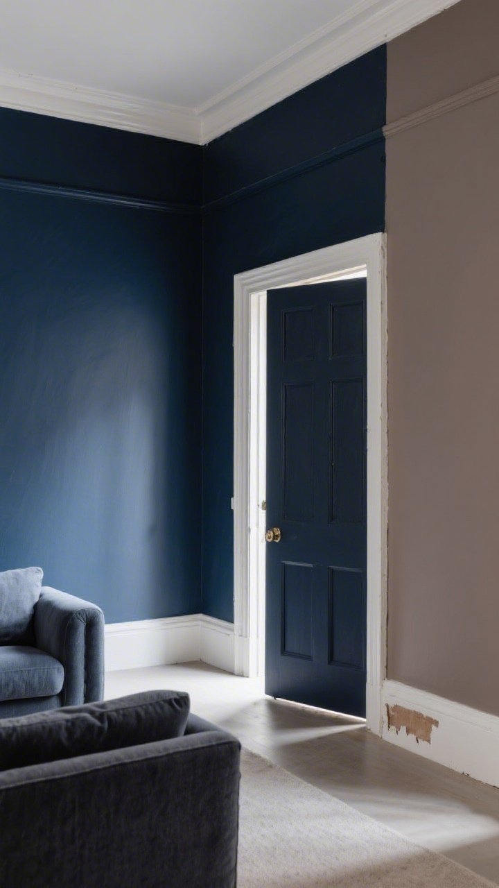 Wide shot: A small living room demonstrating color drenching—walls, trim, and interior doors painted the same moody navy, with one adjacent accent wall in a softer taupe; smooth, well-prepped walls with a subtle matte finish; a freshly painted charcoal interior door slightly ajar; natural daylight filtering in to show varied tones across surfaces; clean baseboards and patched, sanded surfaces that read high-end, boutique vibes; no people, photorealistic.