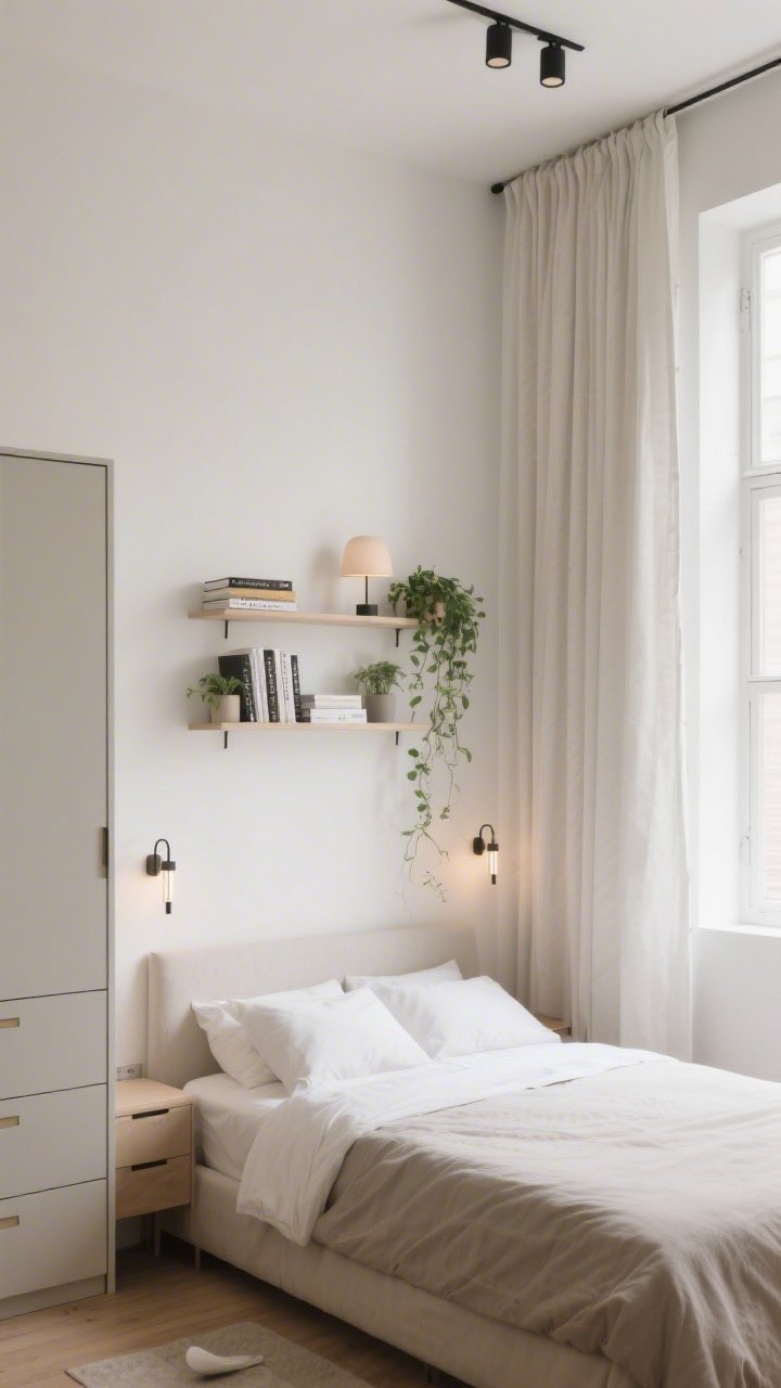 Wide shot: A small modern bedroom styled “Go Vertical,” with light, airy walls in soft white, tall ceiling-height curtain rods with linen curtains hung just below the ceiling, wall-mounted shelves above the headboard holding a few books, trailing plants, and a petite lamp as artful display; slim wall sconces flanking the bed instead of table lamps; a single tall wardrobe tower replacing multiple short dressers; intentional negative wall space for a curated feel; warm, natural daylight, no floor clutter, photorealistic.