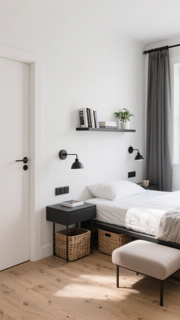 Wide shot: A small modern bedroom with wall-mounted floating nightstands set just above mattress height, slim floating shelves above the headboard holding a couple of books and a small plant, and matching wall sconces replacing table lamps; finishes coordinated in matte black to match the curtain rod and door hardware; light oak floors, white walls, soft natural daylight; baskets tucked neatly under each floating nightstand, a slim upholstered ottoman beneath one; clean, airy mood, no clutter, photorealistic.