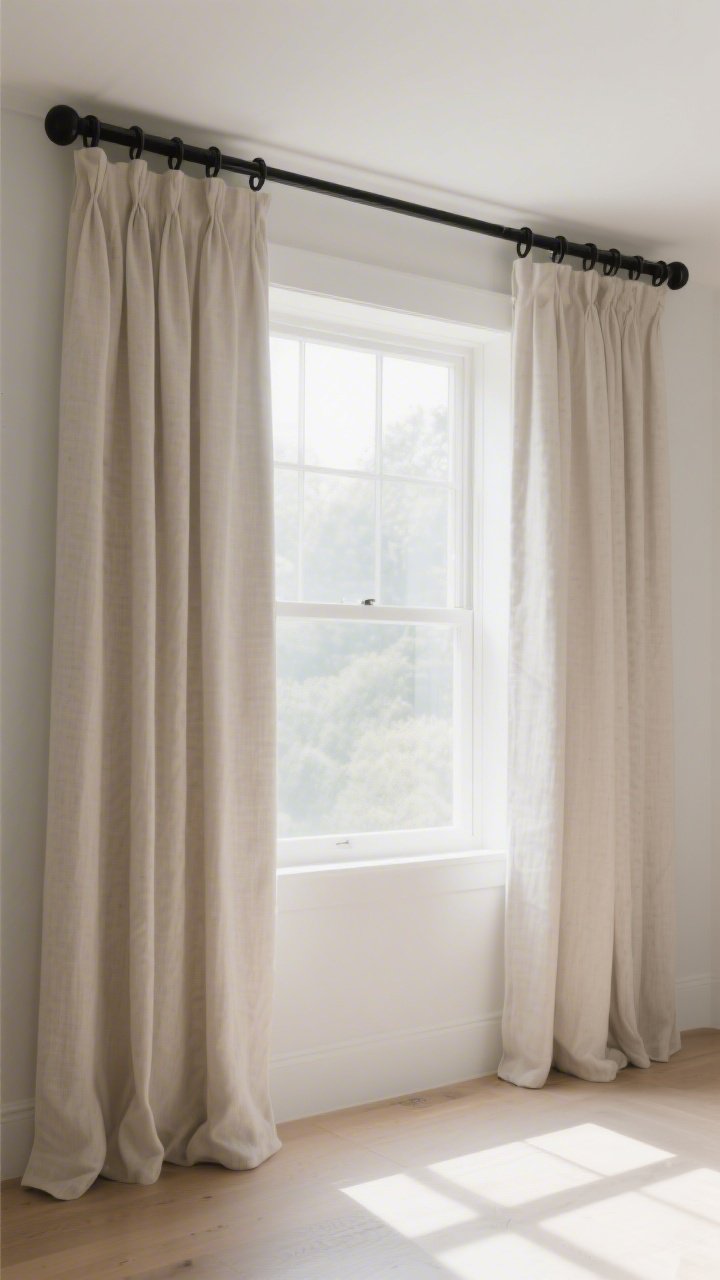 Wide shot: A window glow-up featuring linen-look curtain panels hung high and wide—rod mounted 8 inches above the window and extending 10 inches past each side; thin black metal rod and rings; panels “kissing” the floor for a tailored look; room feels taller and brighter; midday natural light filtering through, crisp and photorealistic.