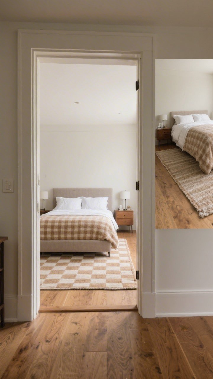 Wide shot, angled from the bedroom doorway: A rug framing the bed—queen bed set over an 8x10 rug pulled two-thirds beneath, extending past nightstands; rug in warm neutral micro-check pattern; visible wool-blend softness; in a secondary vignette at one side, show an alternative idea with a runner near the bed; hardwood floors peeking around; cozy, quiet feel, photorealistic.