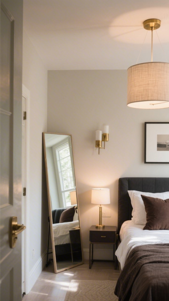 Wide shot angled from the doorway: A small bedroom expanded visually with one large floor mirror leaned safely against the wall, layered lighting including a linen drum ceiling fixture, brass wall sconces, and a soft bedside glow from a small lamp; walls and ceiling painted the same warm light neutral (soft beige/greige), grounded with charcoal and espresso accents (throw pillow, picture frame); daylight bouncing around, calm and open atmosphere, photorealistic.