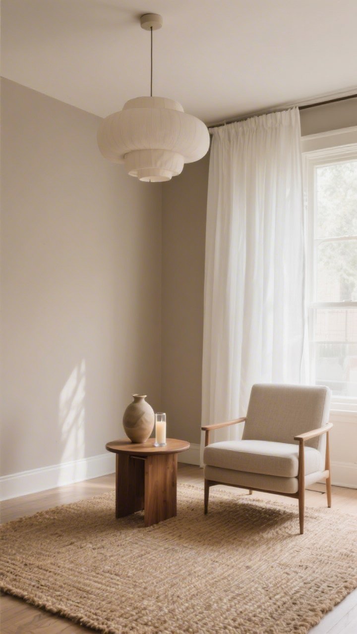 Wide shot: Budget-conscious styling with impact-heavy “surface area” items—freshly painted warm greige walls, a large jute rug, full-length white linen curtains, and a statement ceiling fixture; accent furniture minimal and timeless (simple wood side table, neutral armchair), decor limited to a small trendy ceramic vase and sculptural candle (clearly under 10–15% of the scene); use a 60/30/10 budget feel; soft afternoon light, straight-on composition.