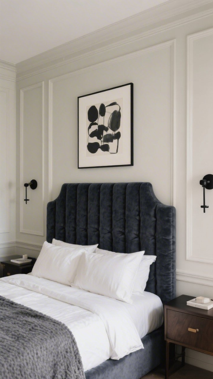 Wide shot focused on the headboard wall moment: an oversized, channel-tufted boucle headboard extending wider than the bed, flanked by matte black hardwired wall sconces to free nightstands. Wall features subtle painted moldings in the same deep charcoal color as the wall for tone-on-tone texture; one large, centered statement art piece above the bed. The rest of the room’s walls in a lighter neutral to enhance cozy depth; photorealistic, straight-on view.