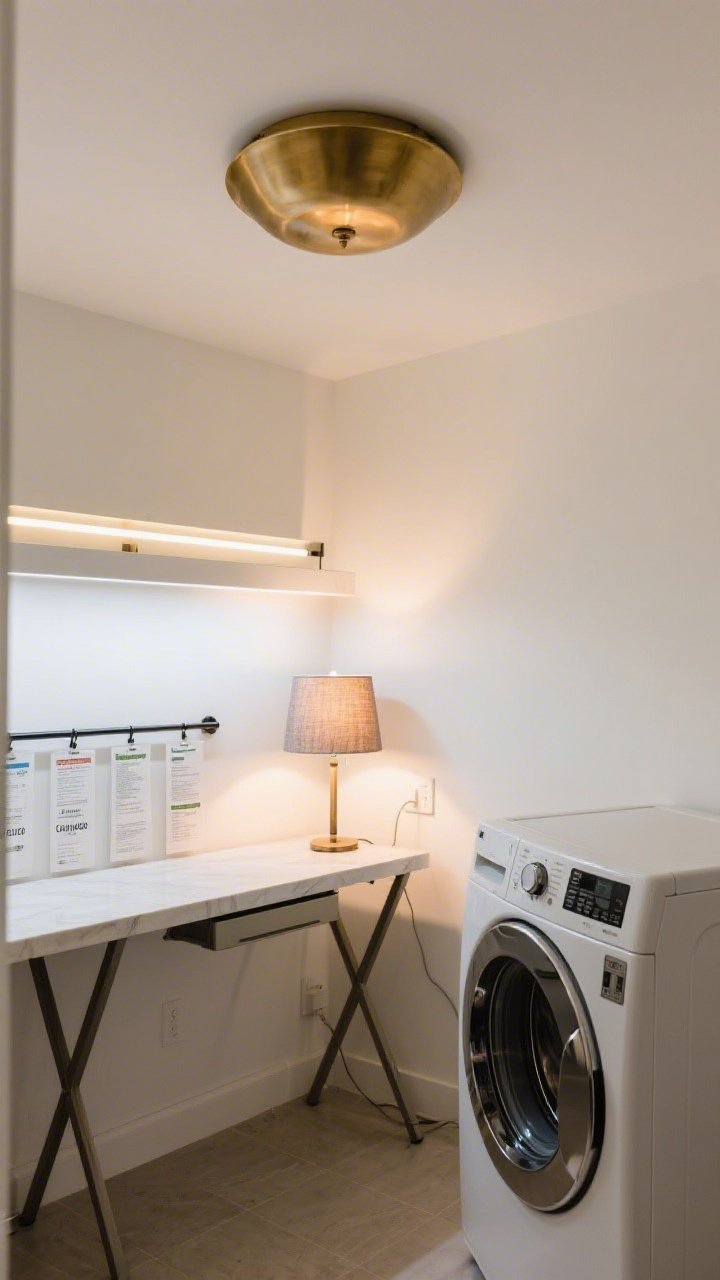 Wide shot: Laundry room lit like a workspace—bold semi-flush ceiling fixture in brushed brass, under-shelf LED strips illuminating a folding counter where care labels are easy to read, and a small table lamp with a fabric shade adding a warm accent glow. Warm bulbs at 2700–3000K create flattering color, no harsh shadows. Clean white walls, subtle reflections on appliances, balanced layers of light for a bright yet inviting atmosphere.