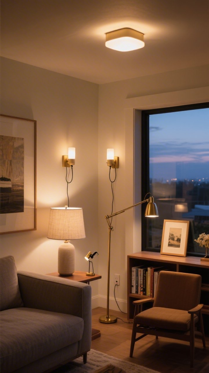 Wide shot: Layered lighting in a living room at dusk—warm 2700K dimmable bulbs in a ceiling fixture, two plug-in sconces with hidden cords flanking art, a linen-shade table lamp on a side table, and a brass floor lamp by a reading chair; a small clip-on art light illuminating a framed print on a bookshelf, overall cozy, intentional glow.