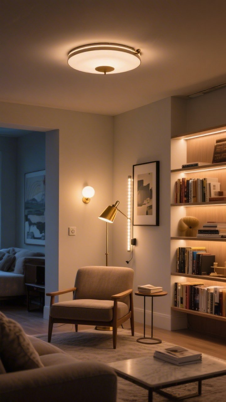 Wide shot: Layered lighting showcase in a living room—ambient light from a stylish flush-mount ceiling fixture, task light from a brass reading floor lamp by an armchair, and accent light from a plug-in picture light over art plus an LED strip softly illuminating a bookshelf; bulbs set to warm 2700–3000K for a cozy glow; include a dimmer on the wall; evening scene with lights on, straight-on view to display all three layers.