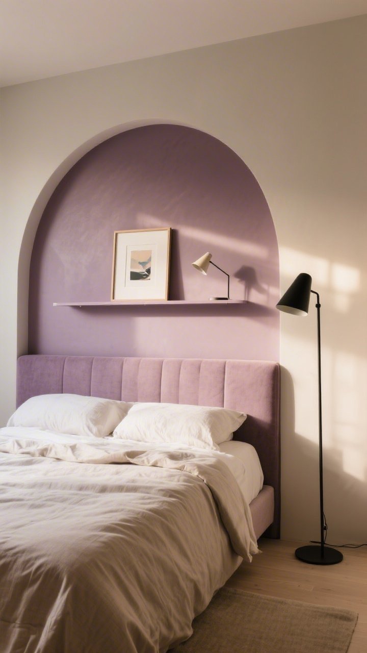 Wide shot of a bedroom with a painted faux headboard: a soft arched shape in a contrasting dusty mauve behind a bed with neutral linen bedding; a slim floating shelf mounted above holding a small framed art print and a clip-on reading light; asymmetry with a tall black floor lamp on one side; warm late-afternoon light for a cozy, luxe-on-a-budget feel; straight-on composition.