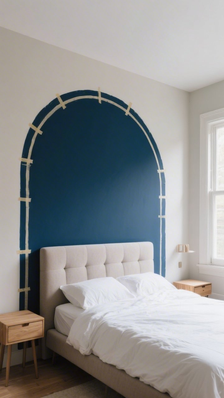 Wide shot of a bedroom with a single bold accent wall painted deep moody navy behind a simple upholstered bed, the other three walls in a lighter neutral; crisp painter’s-tape lines define a soft painted arch shape centered over the headboard; natural morning light from a side window, minimal decor, light oak nightstands, and white bedding for contrast; photorealistic, straight-on view emphasizing the dramatic color contrast and the precise, clean edges
