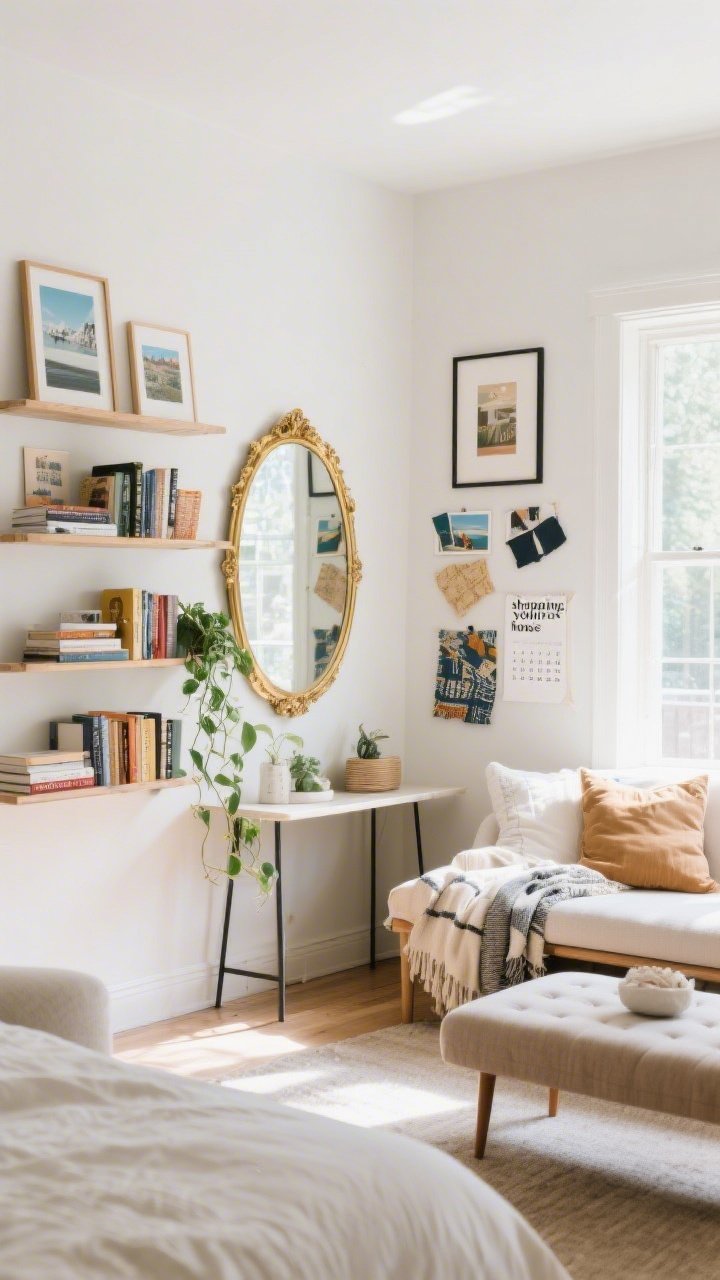 Wide shot of a bright living room styled after “shopping your house”: a gold-framed entry mirror now above a console in the living room, a cushioned bedroom bench placed under a sunny window with layered throw blankets, mixed art rotated onto the walls including framed postcards, fabric remnants, and calendar prints forming a DIY gallery; re-styled shelves with horizontal and vertical book stacks, odd-numbered groupings, and a trailing plant; surfaces mostly cleared with intentional negative space; soft afternoon light, straight-on perspective.