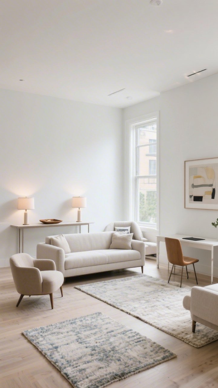 Wide shot of a bright living room with the sofa floated away from the wall and a slim console table behind it holding two matching lamps and a small tray; area rugs clearly zoning three areas: a conversation zone (sofa plus two accent chairs arranged in a rule-of-threes grouping), a compact reading nook angled toward a window, and a small workspace with a chair subtly turned toward an art piece; clean lines, airy spacing, daytime natural light, straight-on perspective