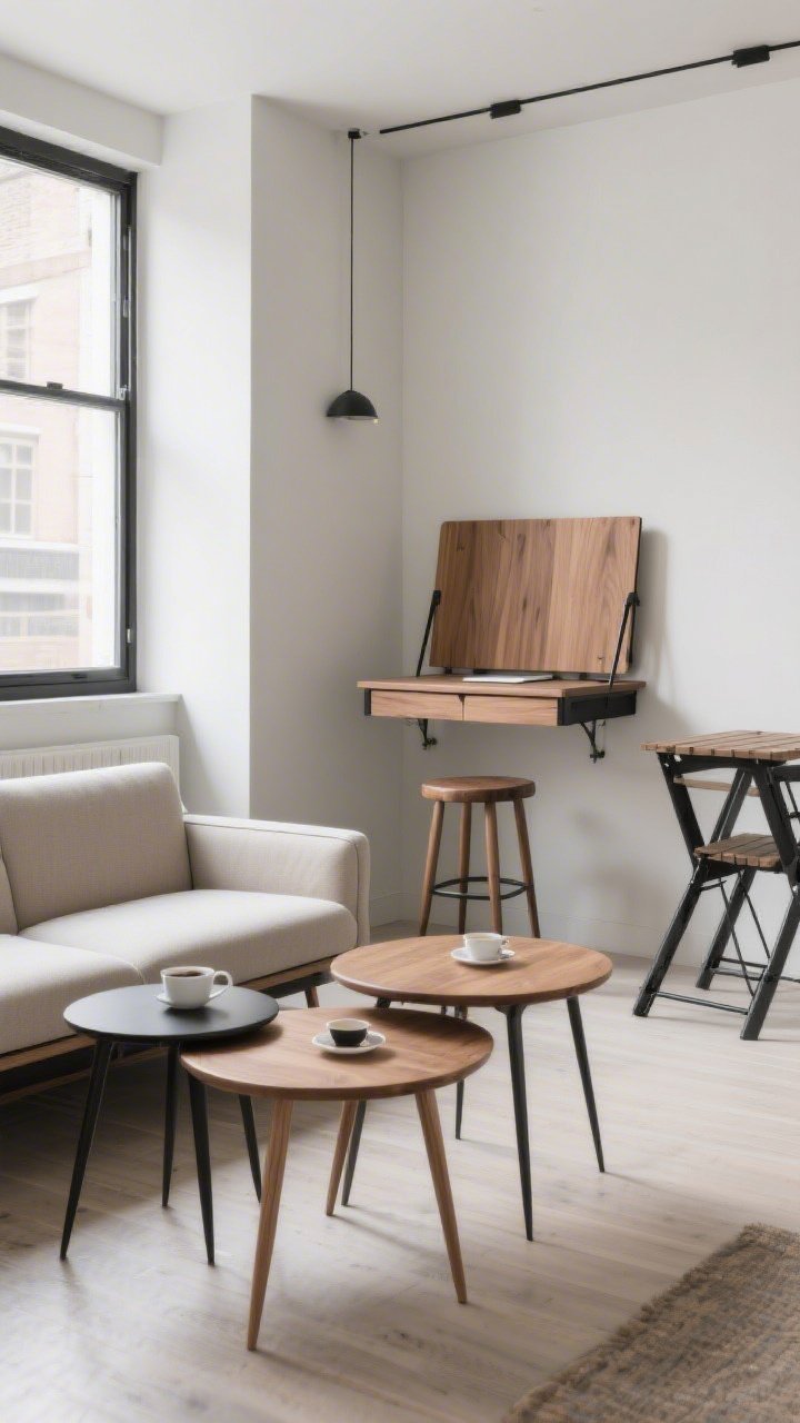 Wide shot of a compact living-dining nook showcasing multi-tasking, mobile furniture: a slim sofa with visible tapered legs, a trio of nesting tables fanned out as a coffee setup, a wall-mounted drop-leaf desk folded down as a tiny workstation with a stool, and a folding bistro table tucked against the wall; include a neutral palette with oak wood tones and matte black accents; emphasize open floors and the airy feel created by leggy furniture; daylight, straight-on perspective