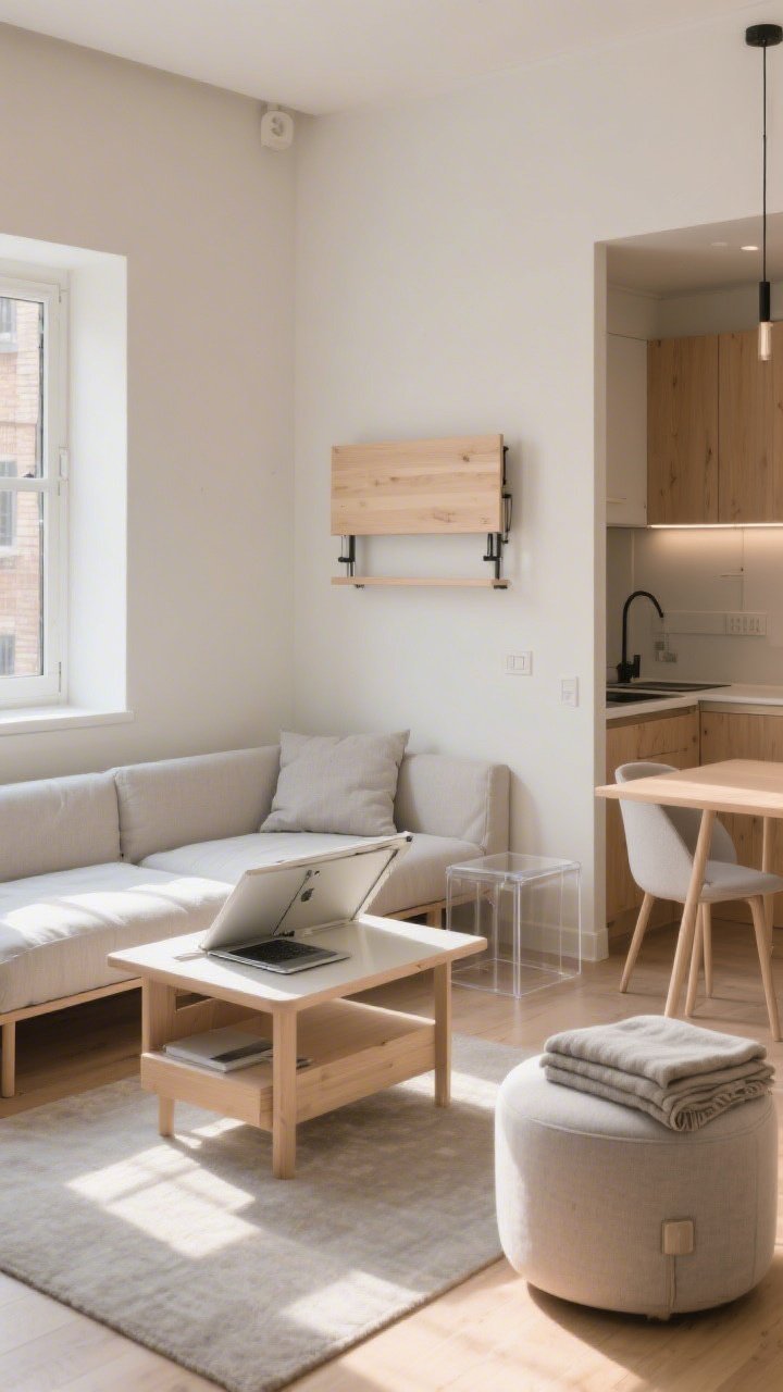 Wide shot of a compact studio living area featuring double-duty furniture: a slim-profile daybed with light linen upholstery that doubles as guest bed, a lift-top coffee table mid-rise revealing a laptop workspace inside, and a small round storage ottoman holding folded throws; a wall-mounted drop-leaf table folded down beside the kitchenette; silhouettes are light with visible tapered legs and a clear acrylic side table to reduce visual bulk; warm afternoon light, neutral palette with soft wood tones and pale gray textiles; no people.