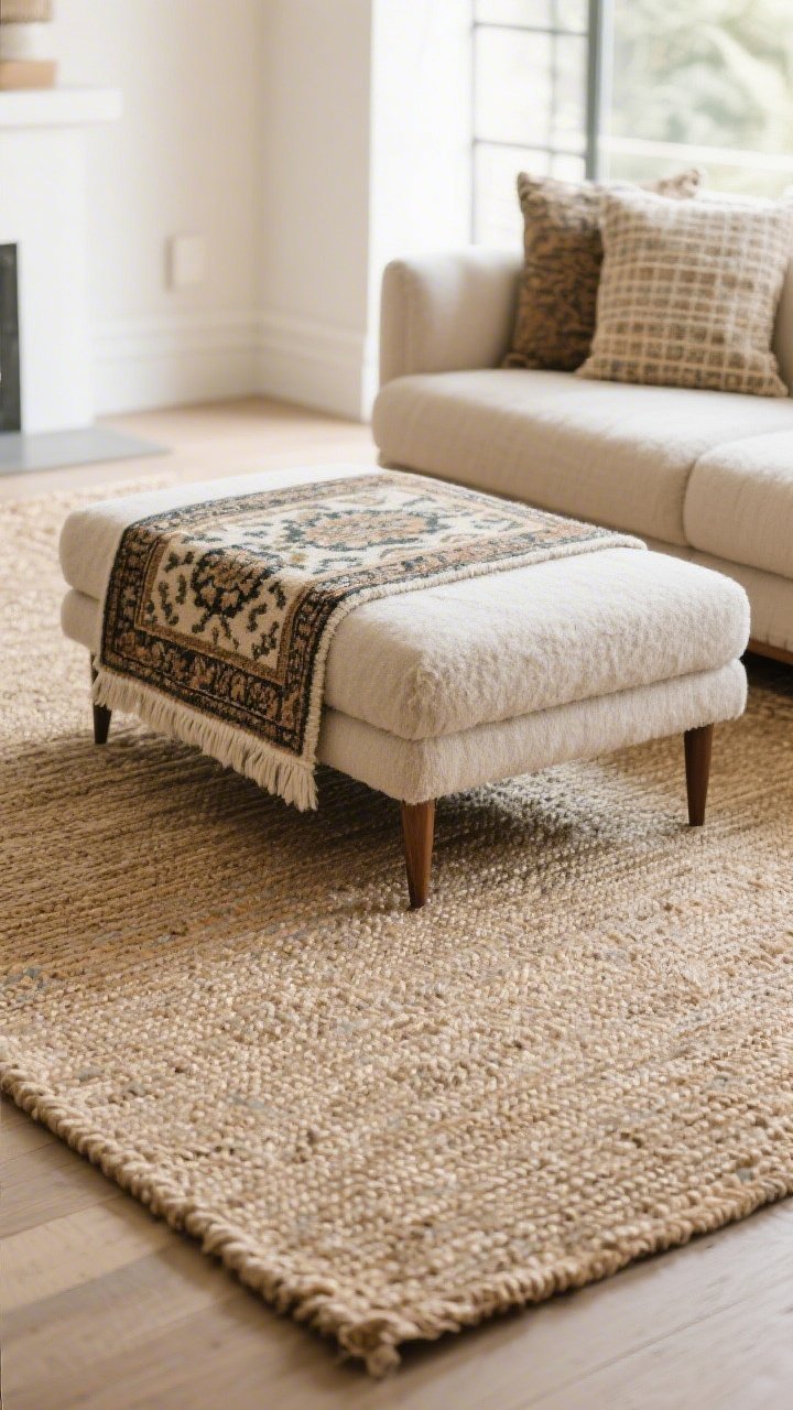 Wide shot of a layered rug setup for texture and warmth: a large neutral jute base rug with a smaller patterned wool or vintage-inspired rug layered on top; furniture front legs resting on the upper rug to connect the seating; a thick rug pad hinted at by the plushness underfoot; low-pile texture suitable for high-traffic; balanced pattern-over-solid aesthetic; soft morning light