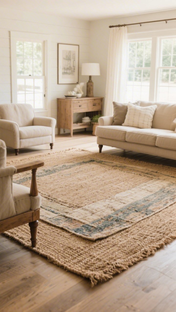 Wide shot of a living room anchored by a large natural jute rug with a layered vintage-look washable rug centered on top; warm neutral tones, low-to-medium pile visible; furniture front legs resting on the rug for proper scale; cozy, clean farmhouse ambiance with diffuse daylight.