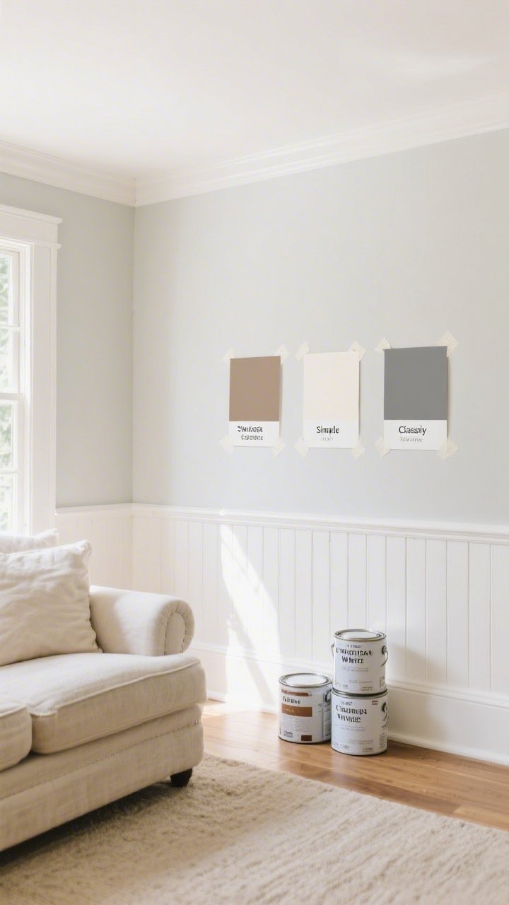 Wide shot of a living room freshly painted in warm white walls with soft gray undertones, creamy beige accents, and crisp white trim; natural daylight streaming in, neutral backdrop allowing textures to shine; minimal decor to emphasize the calm, collected farmhouse palette; paint cans and labeled swatches of Swiss Coffee, Alabaster, Simply White, and Classic Gray taped on one wall for context.
