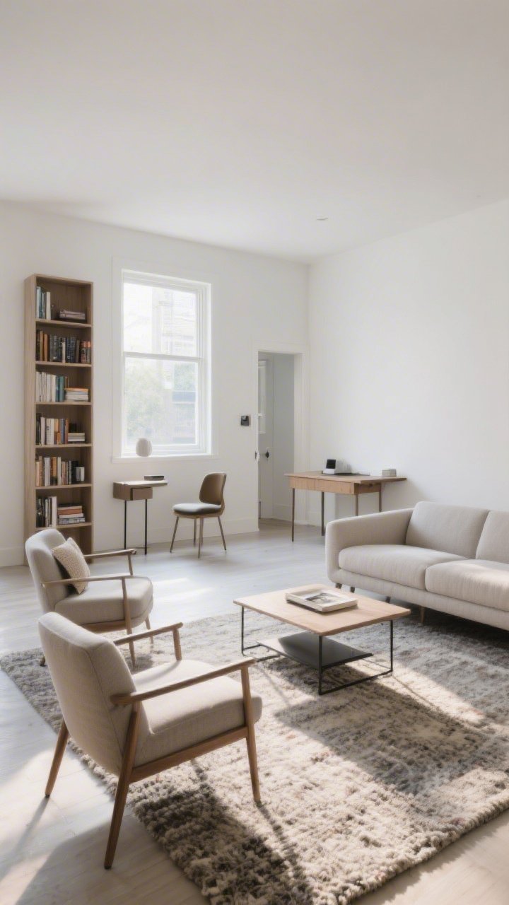 Wide shot of a living room newly rearranged: sofa floated a few inches off a white wall, front legs of sofa and armchairs anchored on a textured rug; clear zones—a reading nook by a bright window with a small chair and side table, a slim console creating an entry drop zone, and a desk facing a wall; balanced heights with a tall bookcase, mid-height sofa, and low coffee table; soft afternoon light, clean modern styling.