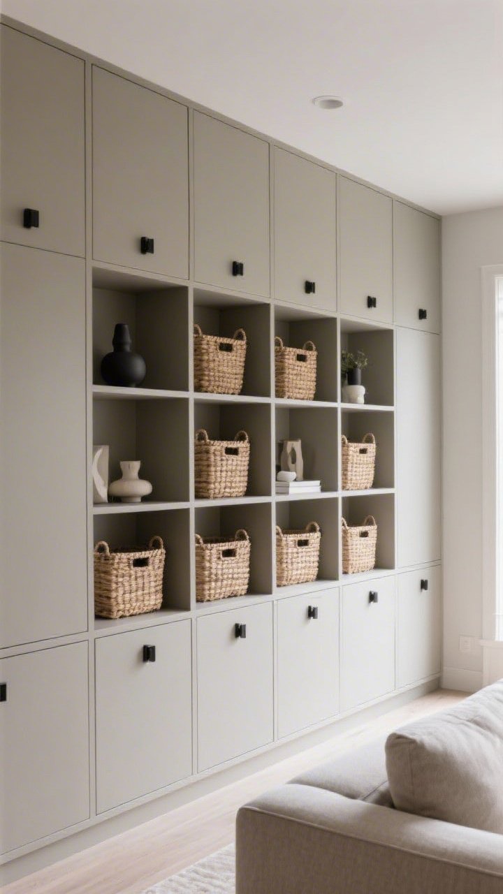 Wide shot of a living room wall of smart storage: tall built-in units going to the ceiling with closed lower cabinets and open upper shelves, uniform woven baskets in natural tones, a few curated display objects on open shelves only; clean greige walls, black hardware, daylight from the side, visually calm and organized.