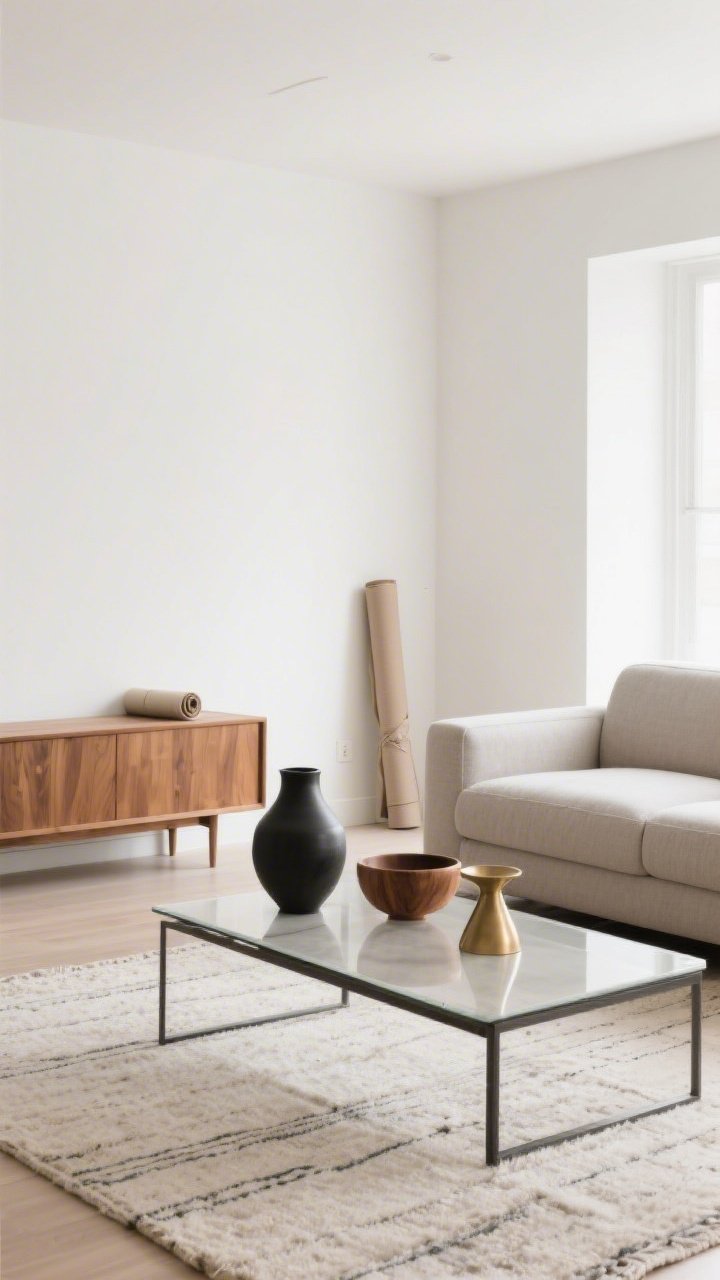 Wide shot of a modern living room mid-declutter, photographed straight-on: clean white walls with warm undertones, rug temporarily rolled up and leaning against a wall, clear coffee table surface with only a trio styled in threes (one tall black ceramic vase, one medium oak bowl, one low brushed brass object), a neutral greige sofa with extra decor removed, negative space around a low oak credenza; soft daylight, calm, intentional styling.