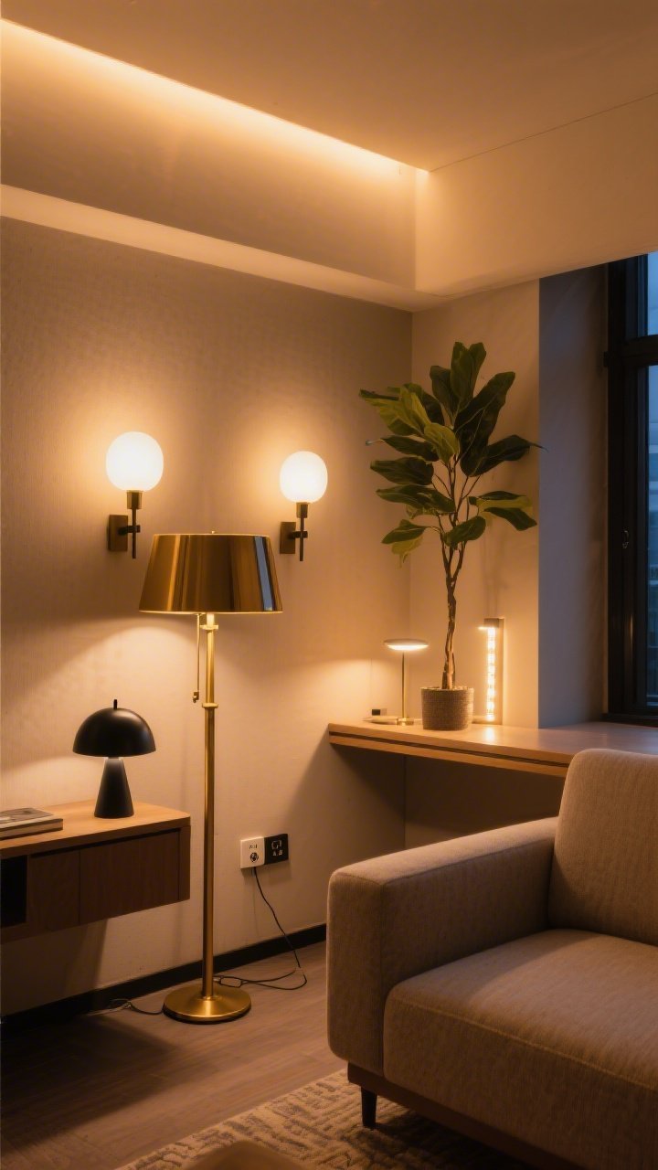 Wide shot of a petite living room lit like a boutique with layered lighting: a warm ambient glow from a brass floor lamp and two plug-in sconces, focused task lighting from a matte black desk lamp on a console, and accent lighting from LED strips under a wall shelf and a small uplight behind a tall plant; all bulbs at 2700–3000K for cozy warmth; a dimmer plug visible at the outlet; evening scene with lights on, creating a chic hotel-suite mood; no people.